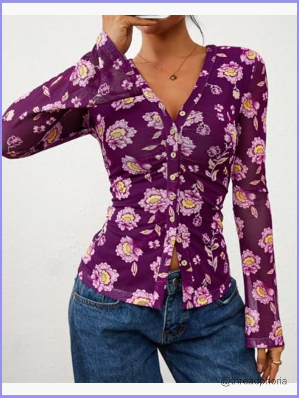 V-Neck Long Sleeve Floral Blouse Ruched Button Down Shirt Boho Top - Picture 6 of 7